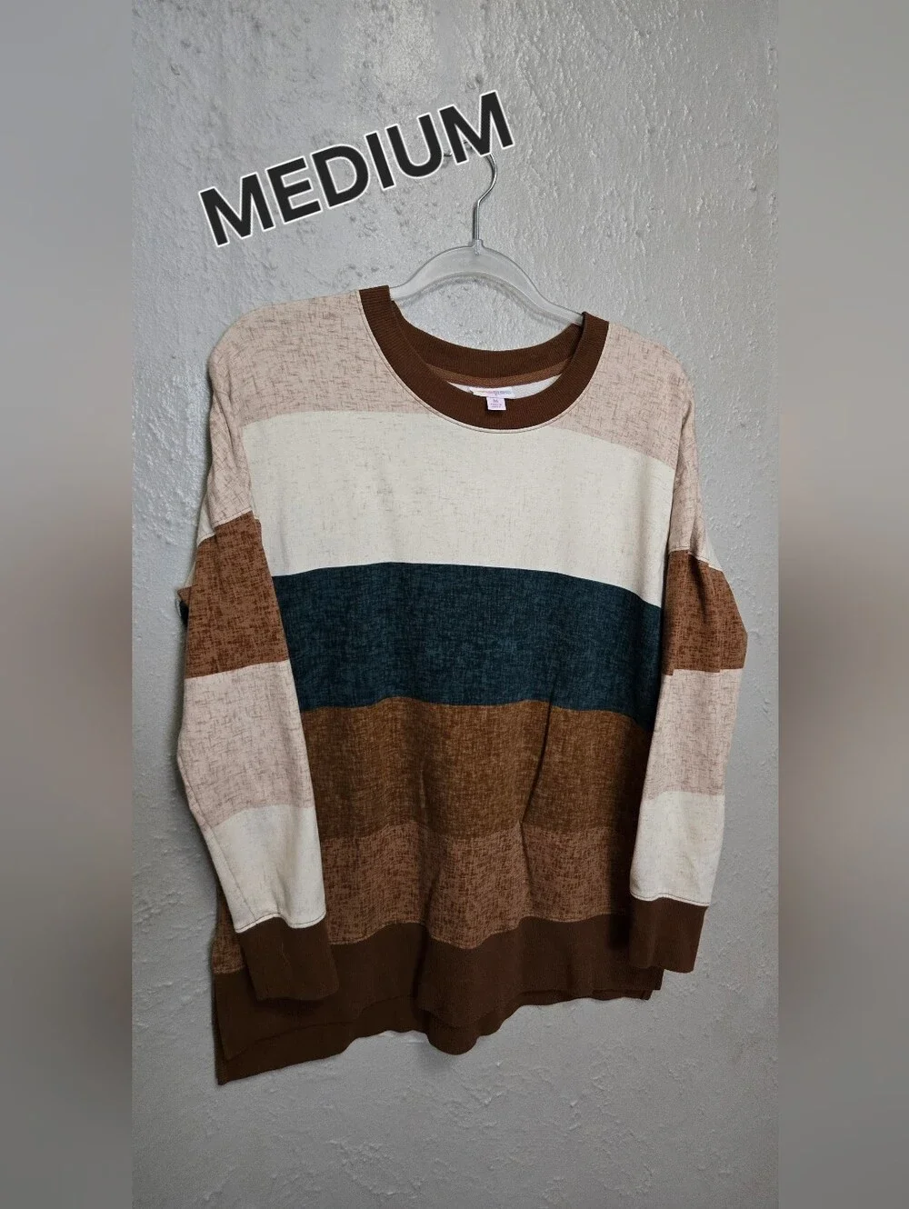 LuLaRoe Hannah Long Sleeve Top ~ brown, cream, dark green stripes Size Medium